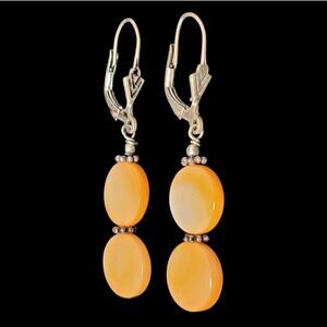 Chic Artisan 925 Sterling Orange Peach‎ Mother-of-Pearl Bead Dangle Earrings